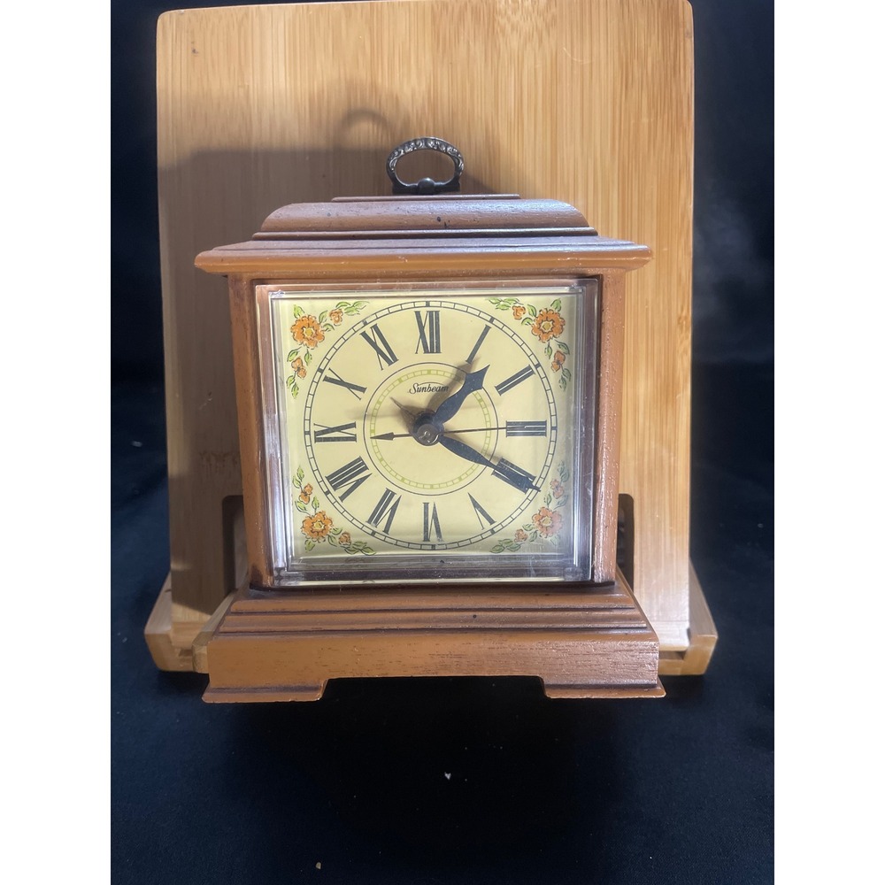 Sunbeam Vintage Alarm‎ Clock Wood Look Plastic Floral Face Roman Numerals Brown